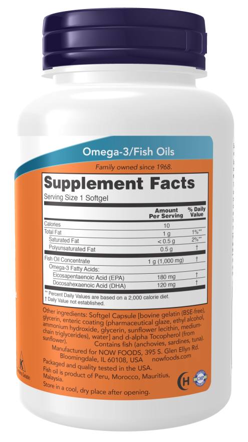 Omega-3, Molecularly Distilled & Enteric Coated Softgels (180 Softgels)